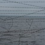 a couple of hearts drawn on a barbed wire fence